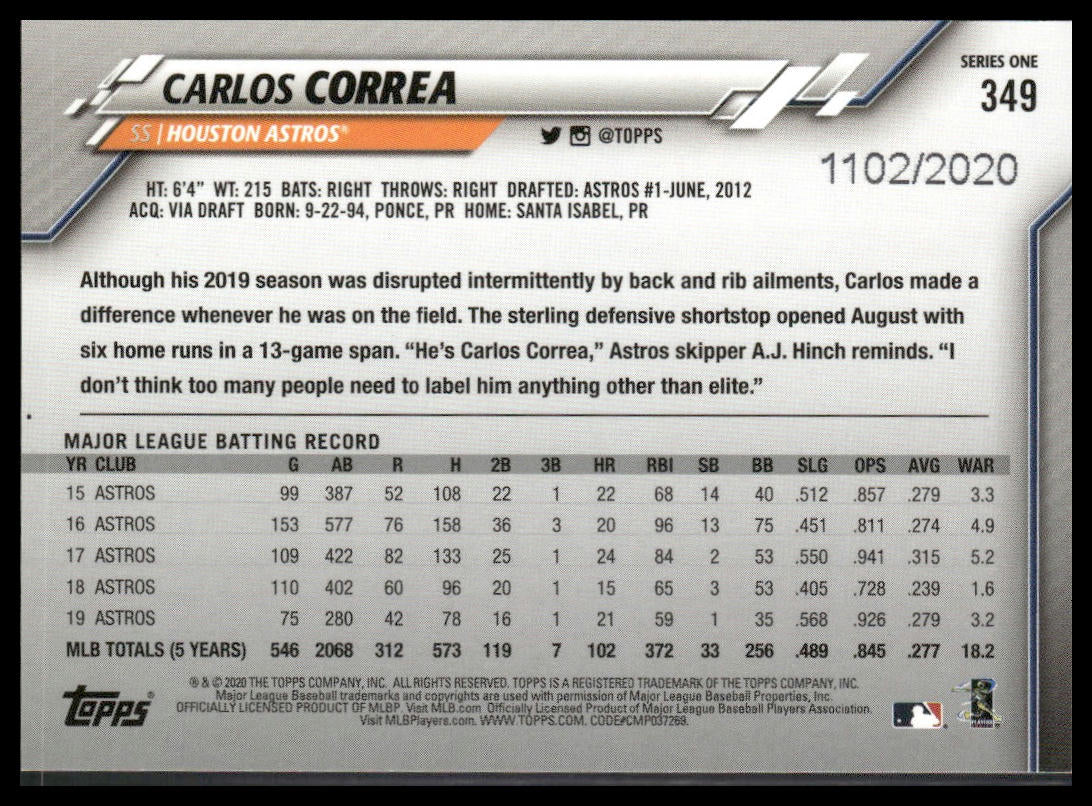 Carlos Correa #349 2020 Topps Gold #/2020 Houston Astros