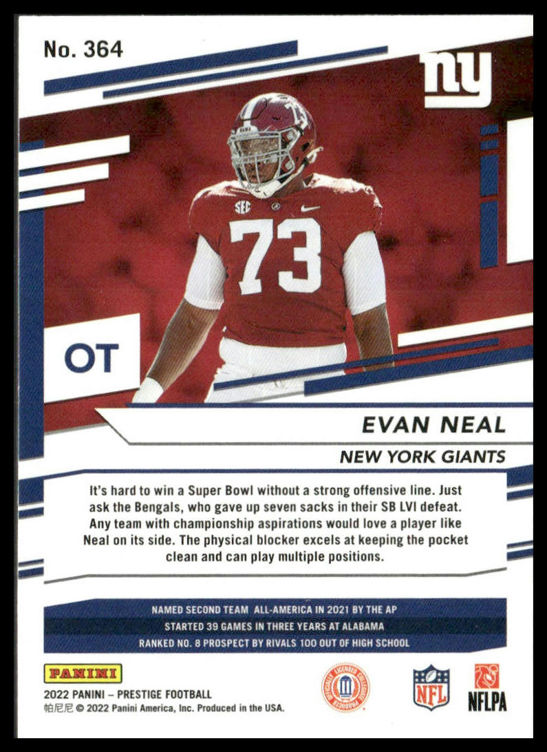 Evan Neal #364 Rookie 2022 Panini Prestige New York Giants