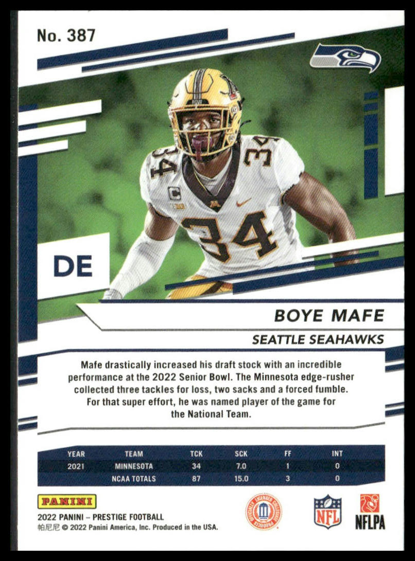 Boye Mafe #387 Rookie 2022 Panini Prestige Seattle Seahawks