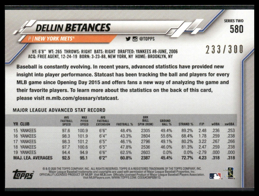 Dellin Betances #580 2020 Topps Advanced Stat #/300 New York Mets