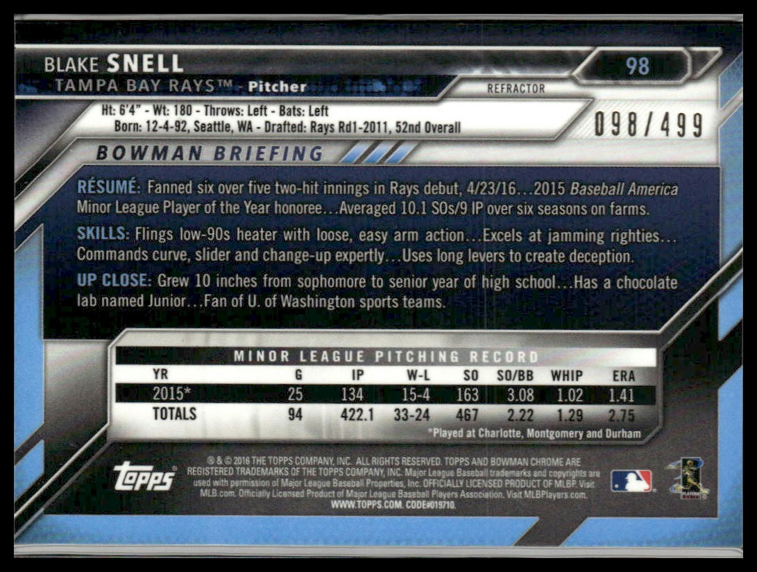 Blake Snell #98 Rookie 2016 Bowman Chrome Refractor #/499 Rays
