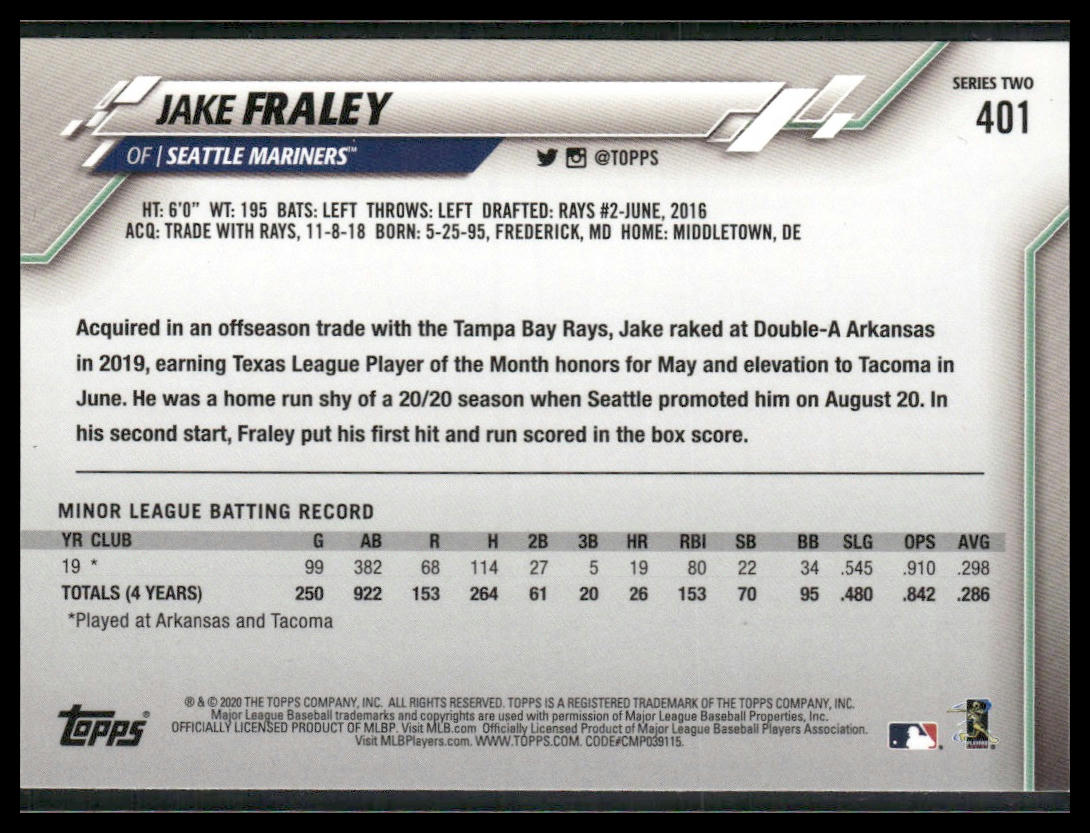 Jake Fraley #401 2020 Topps Seattle Mariners Image Variation