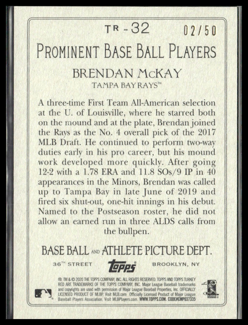 Brendan McKay #TR-32 2020 Topps Turkey Red 2020 Blue #/50 Tampa Bay Rays