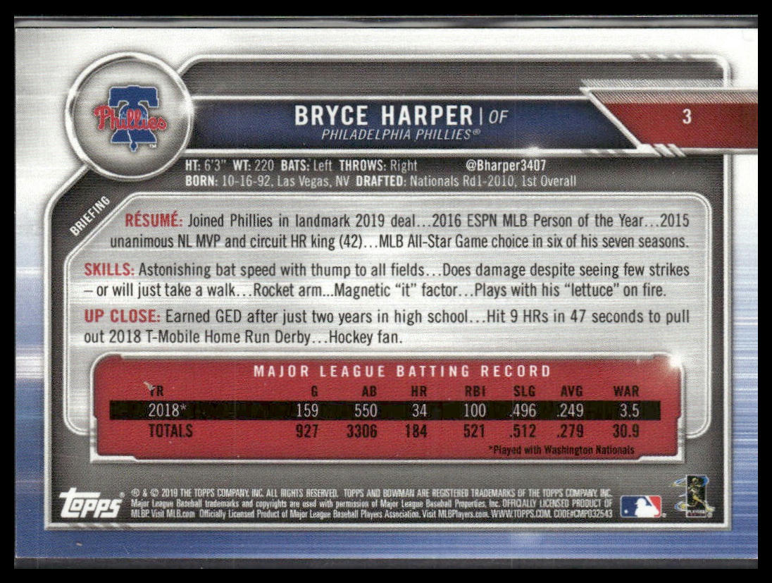 Bryce Harper #3 2019 Bowman Blue #/150 Philadelphia Phillies