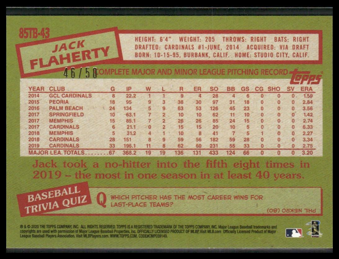 Jack Flaherty #85TB-43 2020 Topps 35th Anniversary #/50 St. Louis Cardinals