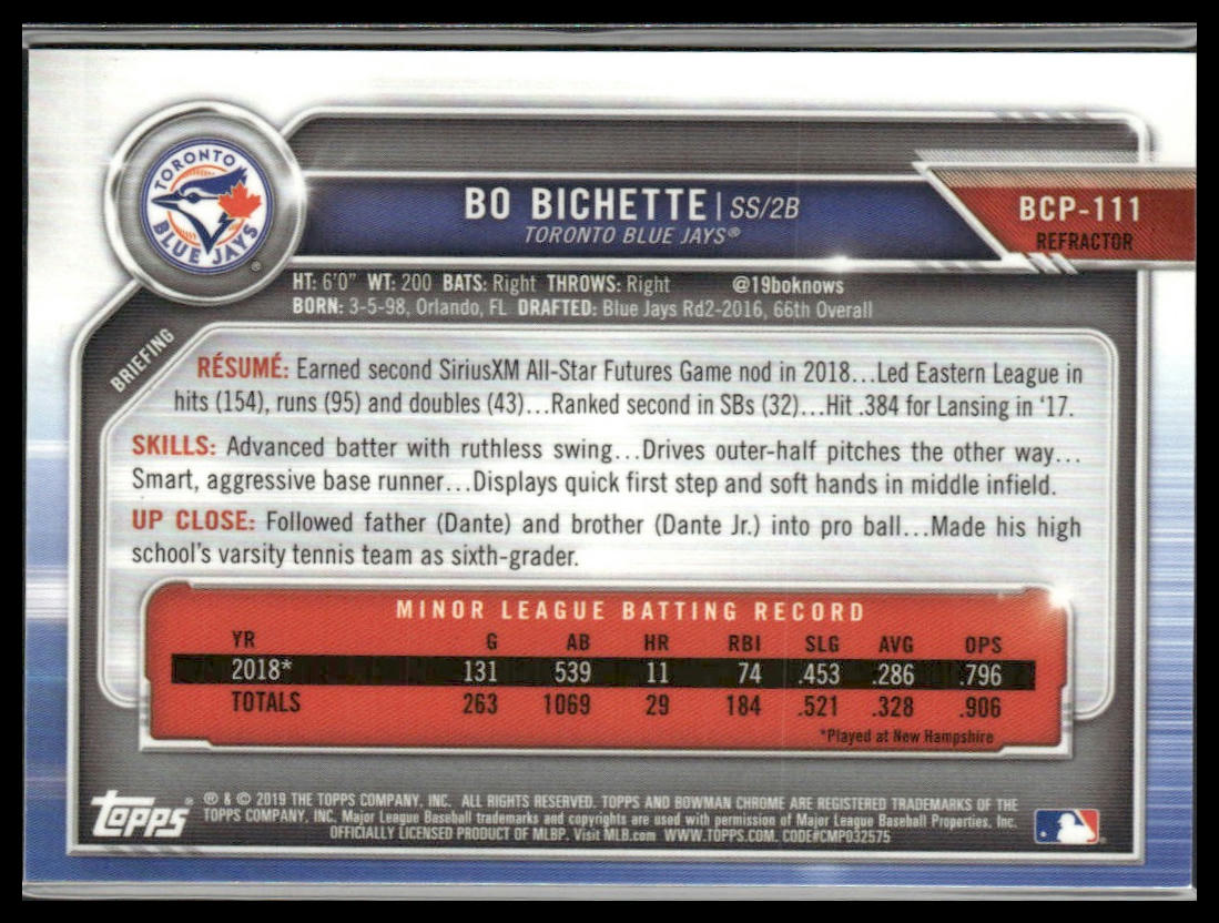Bo Bichette #BCP-111 2019 Bowman Chrome Prospects Refractor #/499 Blue Jays