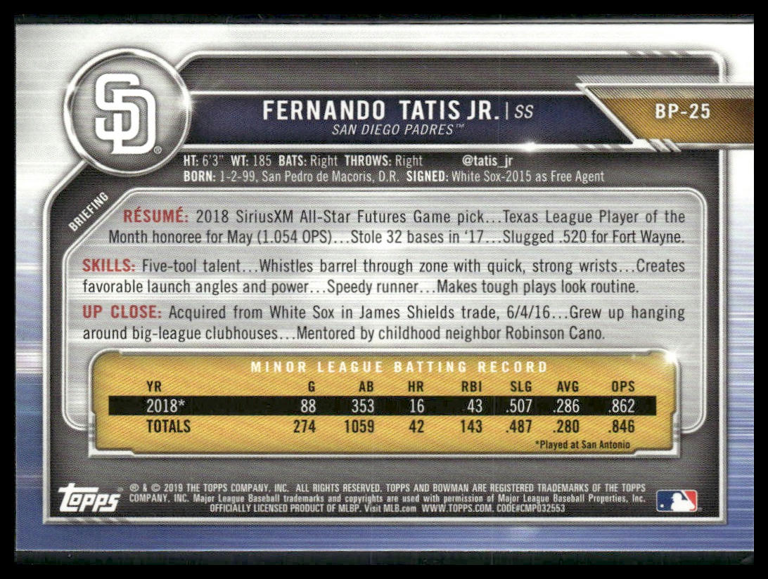 Fernando Tatis Jr. #BP-25 2019 Bowman Prospects San Diego Padres