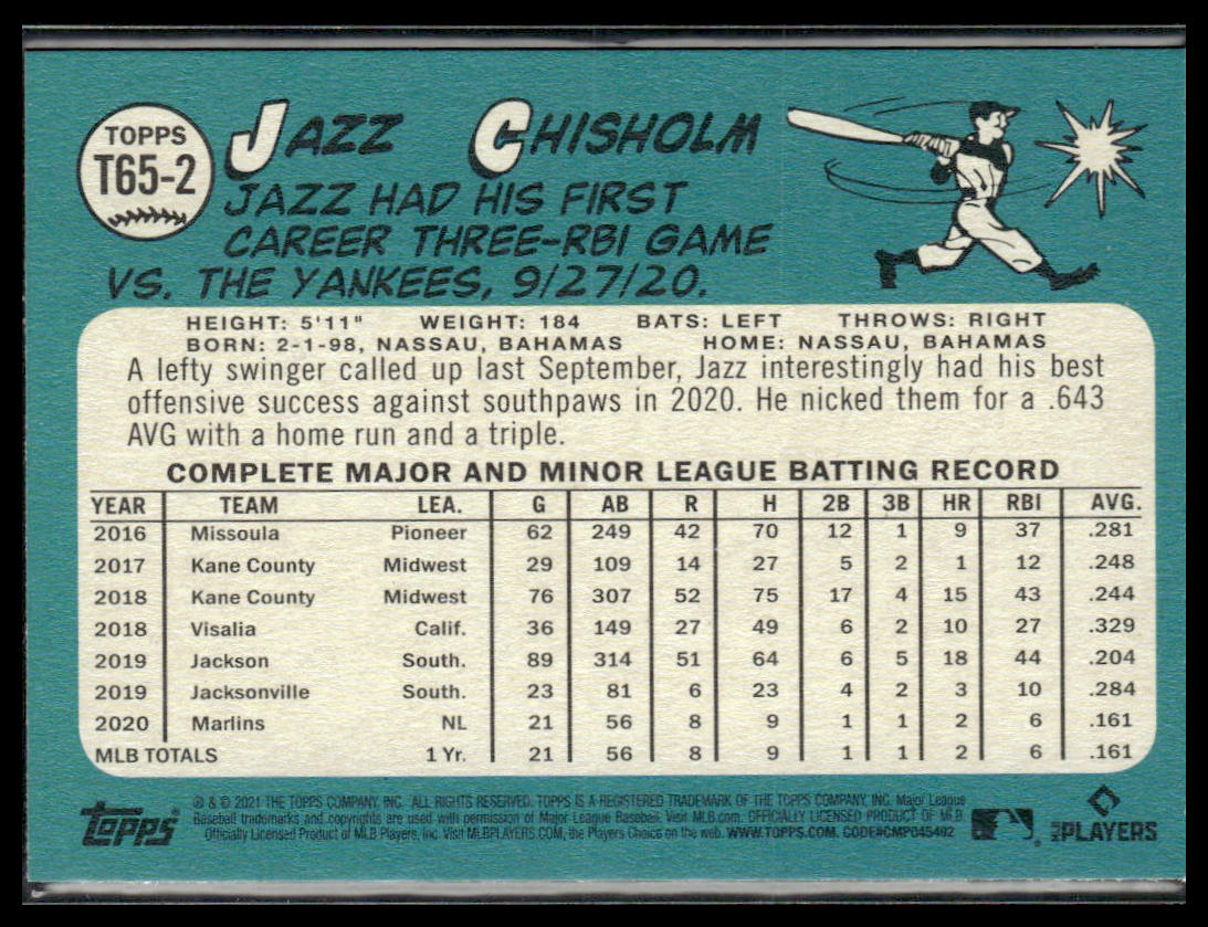 Jazz Chisholm #T65-2 Rookie 2021 Topps 1965 Topps Redux Miami Marlins