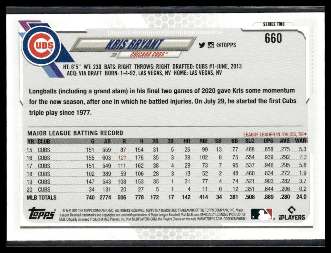 Kris Bryant #660 2021 Topps Chicago Cubs Image Variation SP