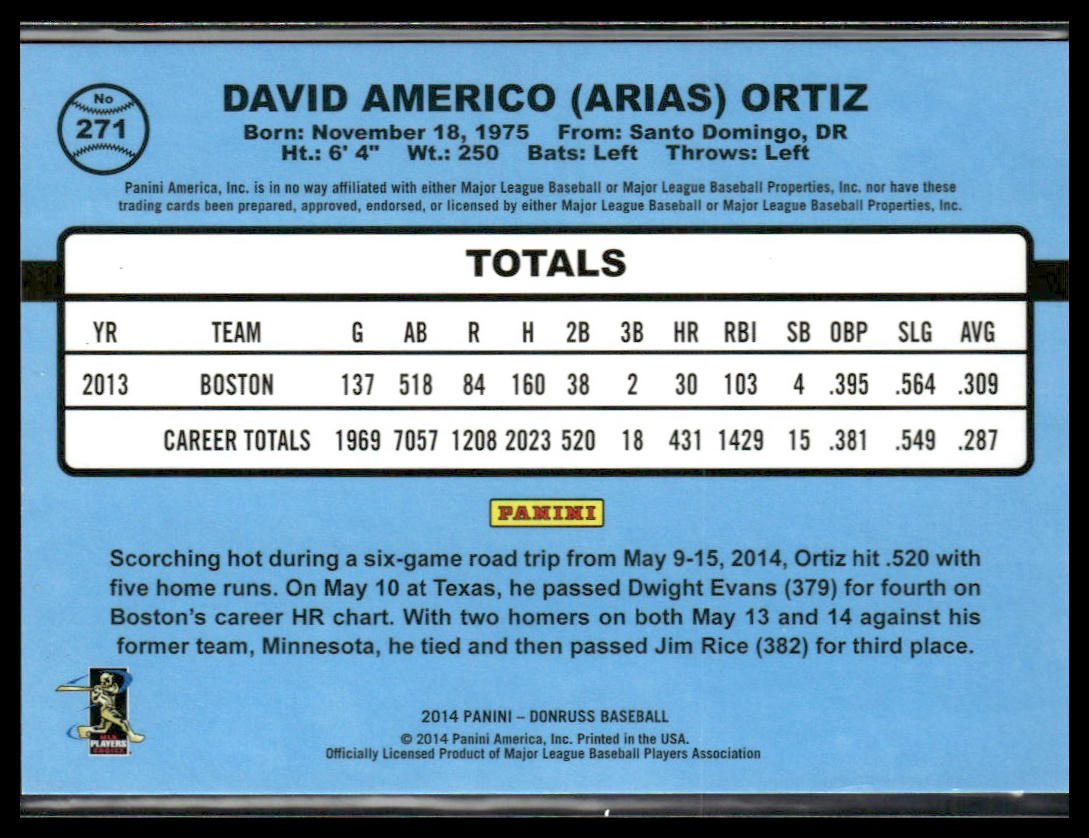 David Ortiz #271 2014 Donruss Stat Line Career #/400 Boston Red Sox