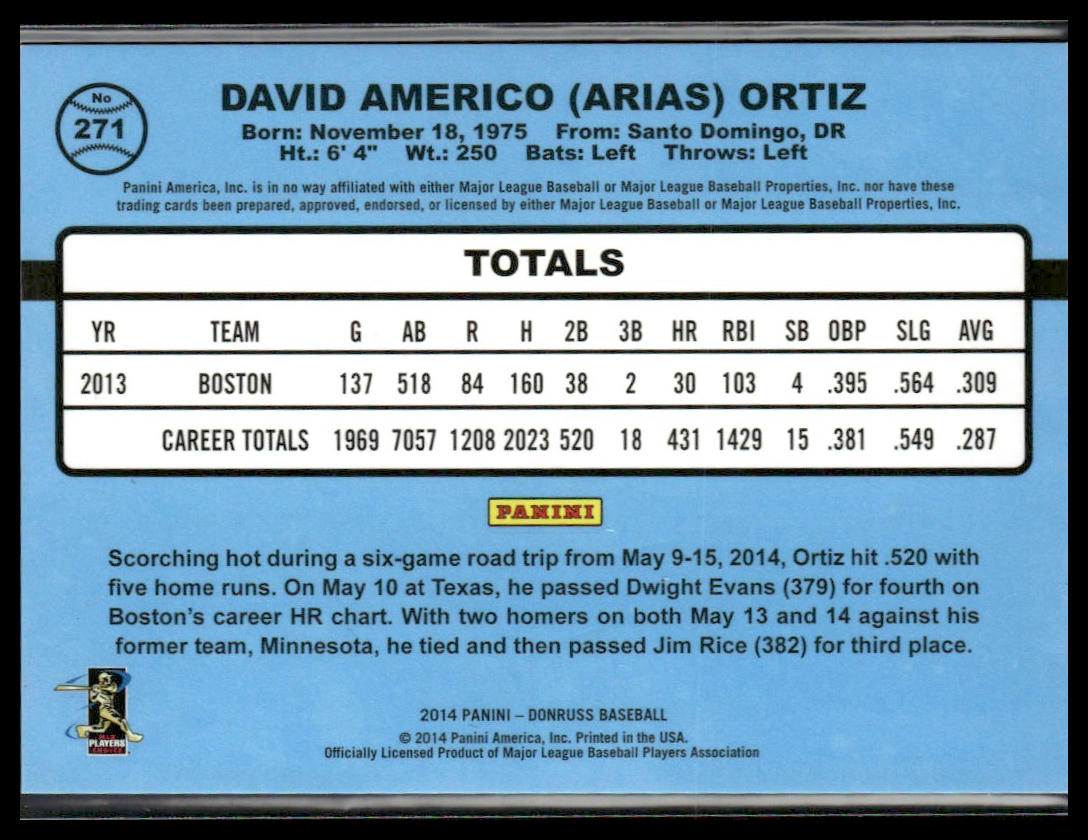 David Ortiz #271 2014 Donruss Stat Line Season #/309 Boston Red Sox
