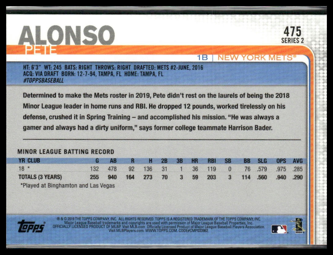Pete Alonso #475 Rookie 2019 Topps New York Mets