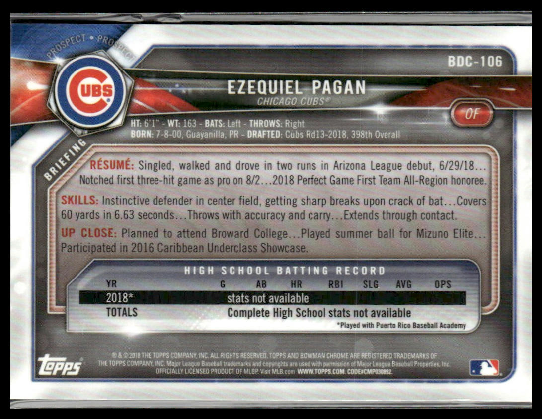 Ezequiel Pagan #BDC-106 2018 Bowman Draft Chrome Green #/99 Chicago Cubs