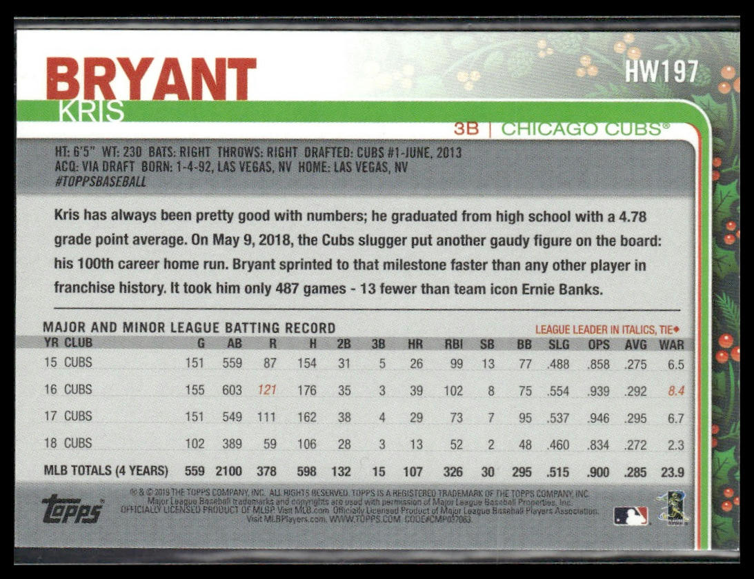 Kris Bryant #HW197 2019 Topps Holiday Chicago Cubs Candy Cane Bat