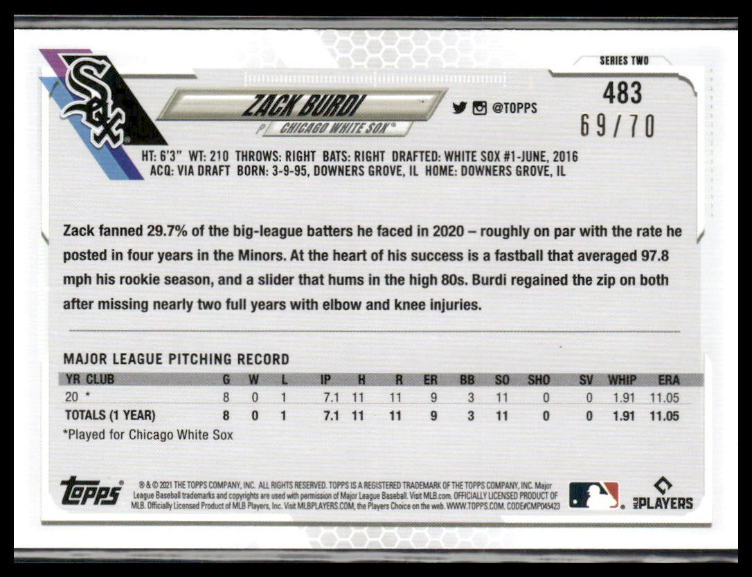 Zack Burdi #483 Rookie 2021 Topps 70th Platinum #/70 White Sox