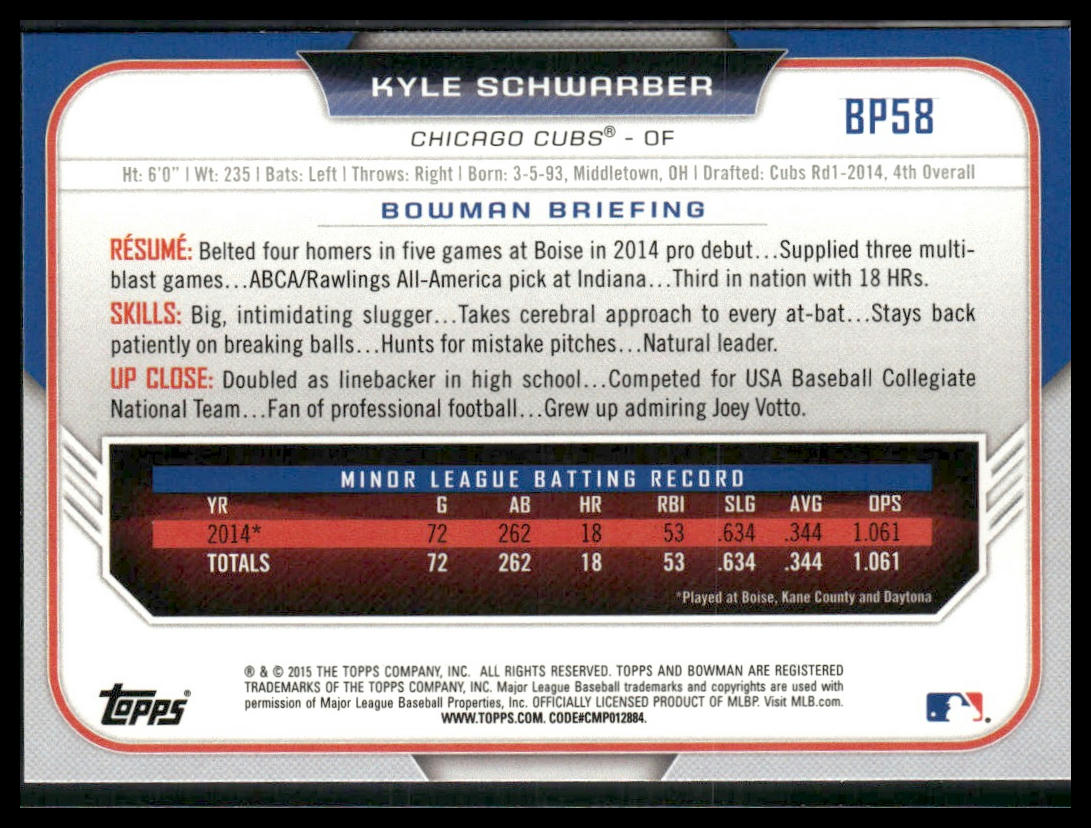 Kyle Schwarber #BP58 2015 Bowman Prospects Chicago Cubs