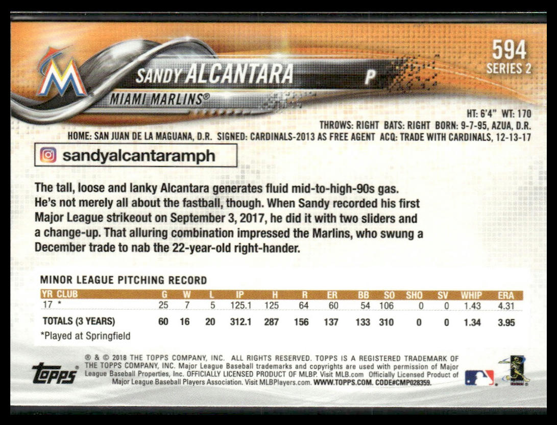 Sandy Alcantara #594 Rookie 2018 Topps Rainbow Foil Miami Marlins