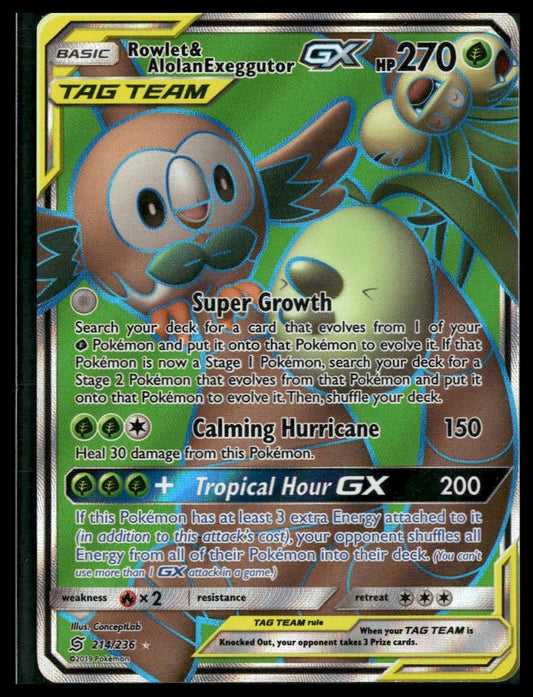 Rowlet & Alolan Exeggutor GX (Full Art) #214/236 SM - Unified Minds NM