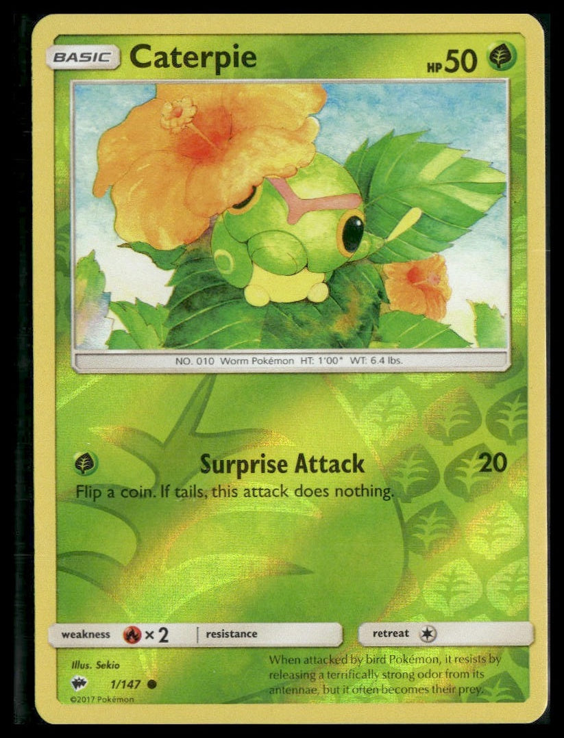 Caterpie #1/147 Reverse Holo Burning Shadows LP