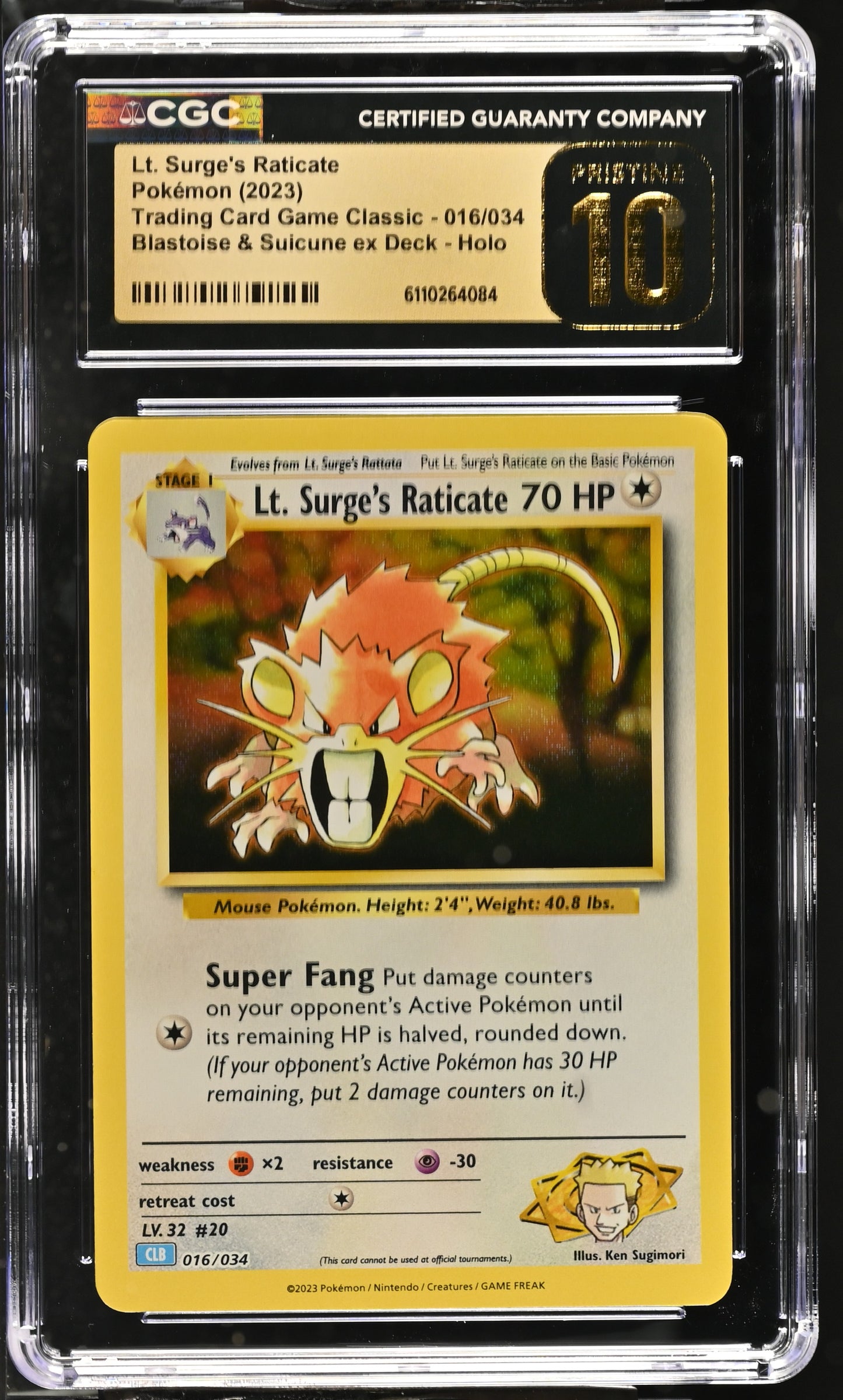 CGC Pristine 10 Lt. Surge's Raticate #016/034 TCG Classic