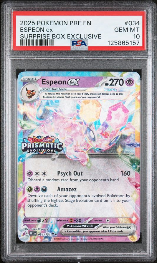 PSA 10 Espeon ex #034 STAMPED Prismatic Evolutions Surprise Box Promo