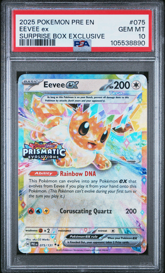 PSA 10 Eevee ex #075 STAMPED Prismatic Evolutions Surprise Box Promo