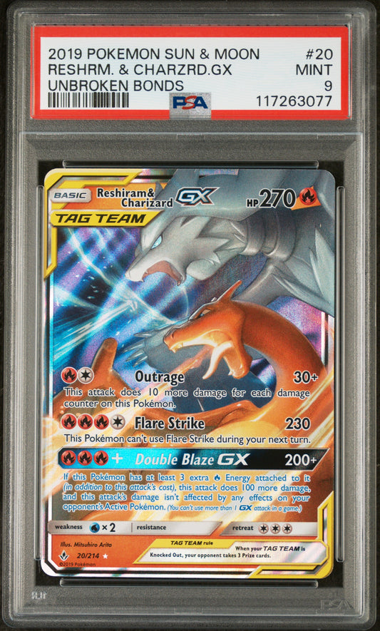PSA 9 Reshiram & Charizard Gx #20 Unbroken Bonds