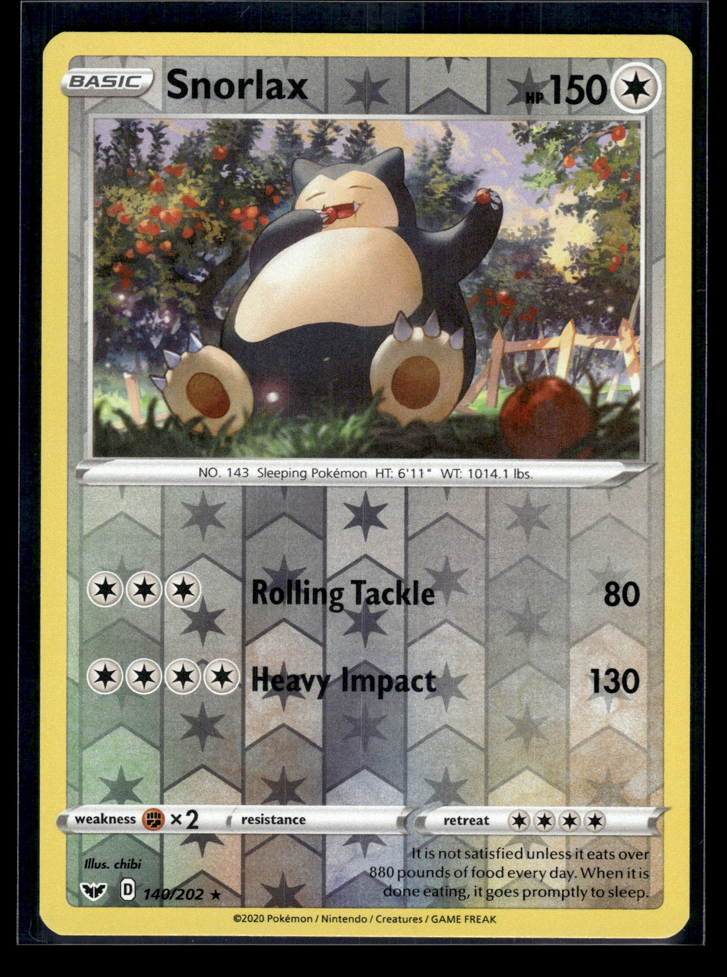 Snorlax #140/202 Reverse Holo Sword & Shield Base Set LP